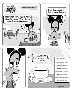 Just Ask A Sista comic strip by AnimatorWorks where Sistagal explores programming.