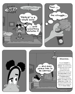 A four-panel comic by AnimatorWorks showing Sistagal lying awake in a dark room as a mosquito disturbs her peace, leading to a reflection on struggle and rest.