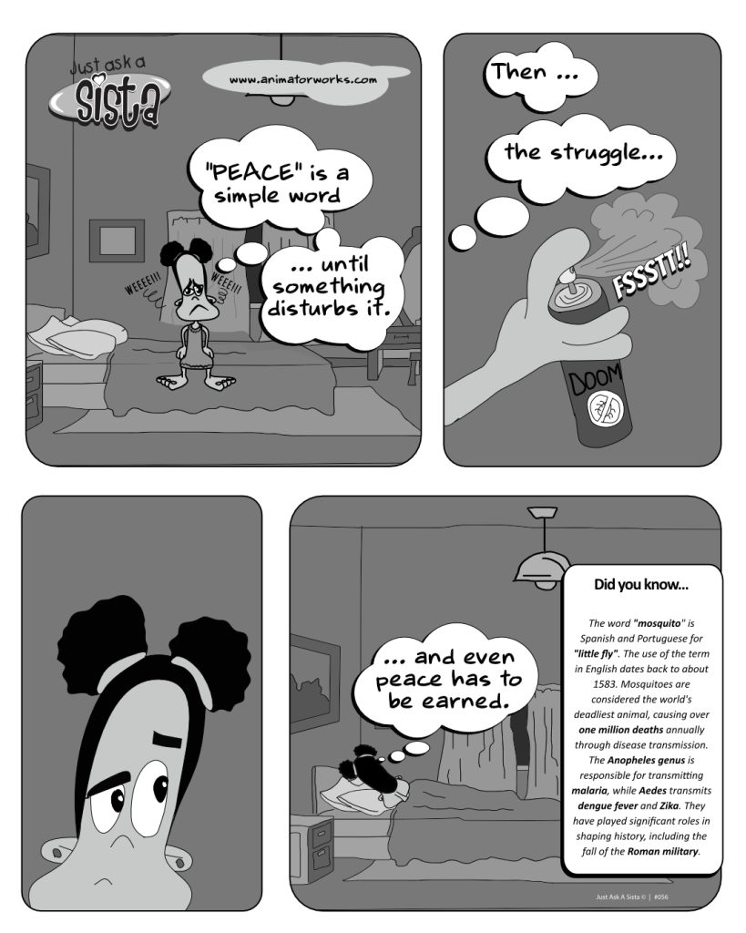 A four-panel comic by AnimatorWorks showing Sistagal lying awake in a dark room as a mosquito disturbs her peace, leading to a reflection on struggle and rest.